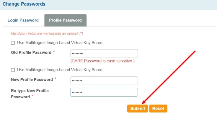 SBI Profile Password reset