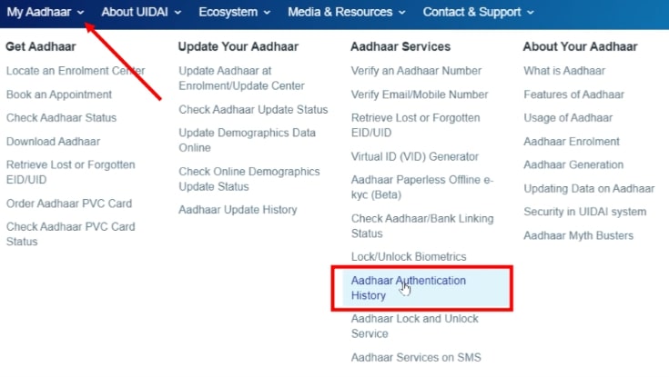 Check Aadhaar card usage history