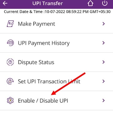 Enable or disable UPI service in SBI