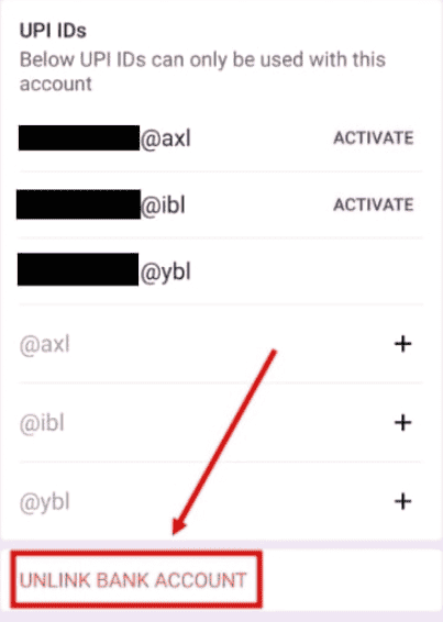 Unlink Bank account from PhonePe